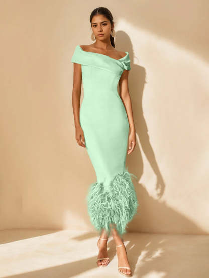 Unique Off-the-Shoulder Tea-Length Mother of the Bride Dresses with Feathers and Short Sleeves