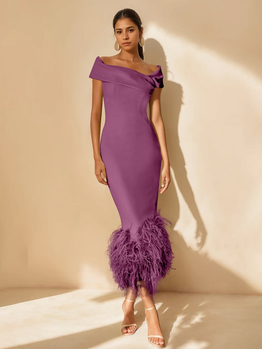Unique Off-the-Shoulder Tea-Length Mother of the Bride Dresses with Feathers and Short Sleeves