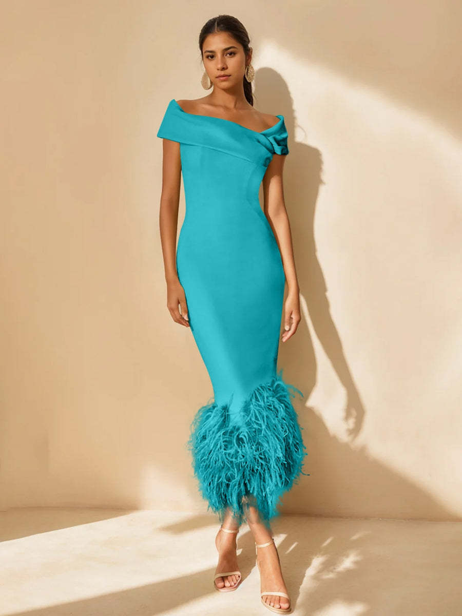 Unique Off-the-Shoulder Tea-Length Mother of the Bride Dresses with Feathers and Short Sleeves