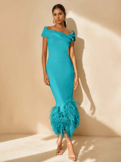 Unique Off-the-Shoulder Tea-Length Mother of the Bride Dresses with Feathers and Short Sleeves