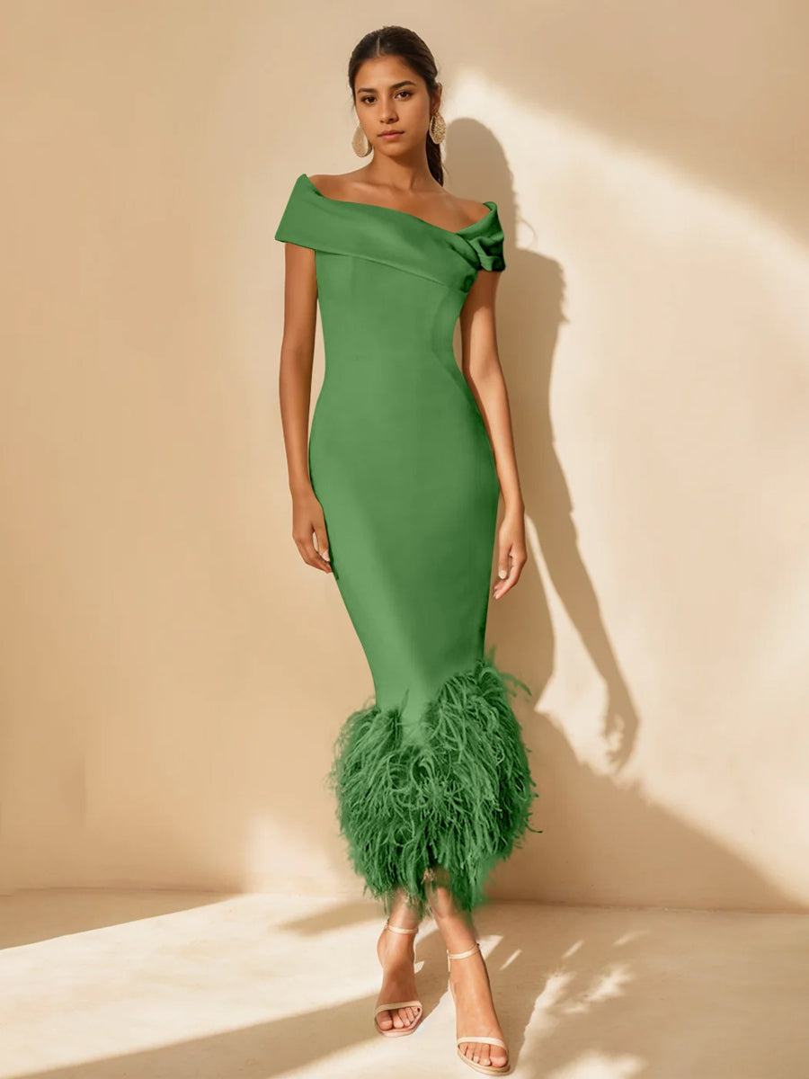 Unique Off-the-Shoulder Tea-Length Mother of the Bride Dresses with Feathers and Short Sleeves