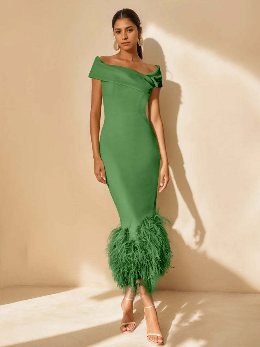Unique Off-the-Shoulder Tea-Length Mother of the Bride Dresses with Feathers and Short Sleeves