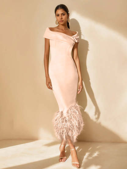 Unique Off-the-Shoulder Tea-Length Mother of the Bride Dresses with Feathers and Short Sleeves