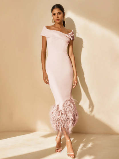 Unique Off-the-Shoulder Tea-Length Mother of the Bride Dresses with Feathers and Short Sleeves