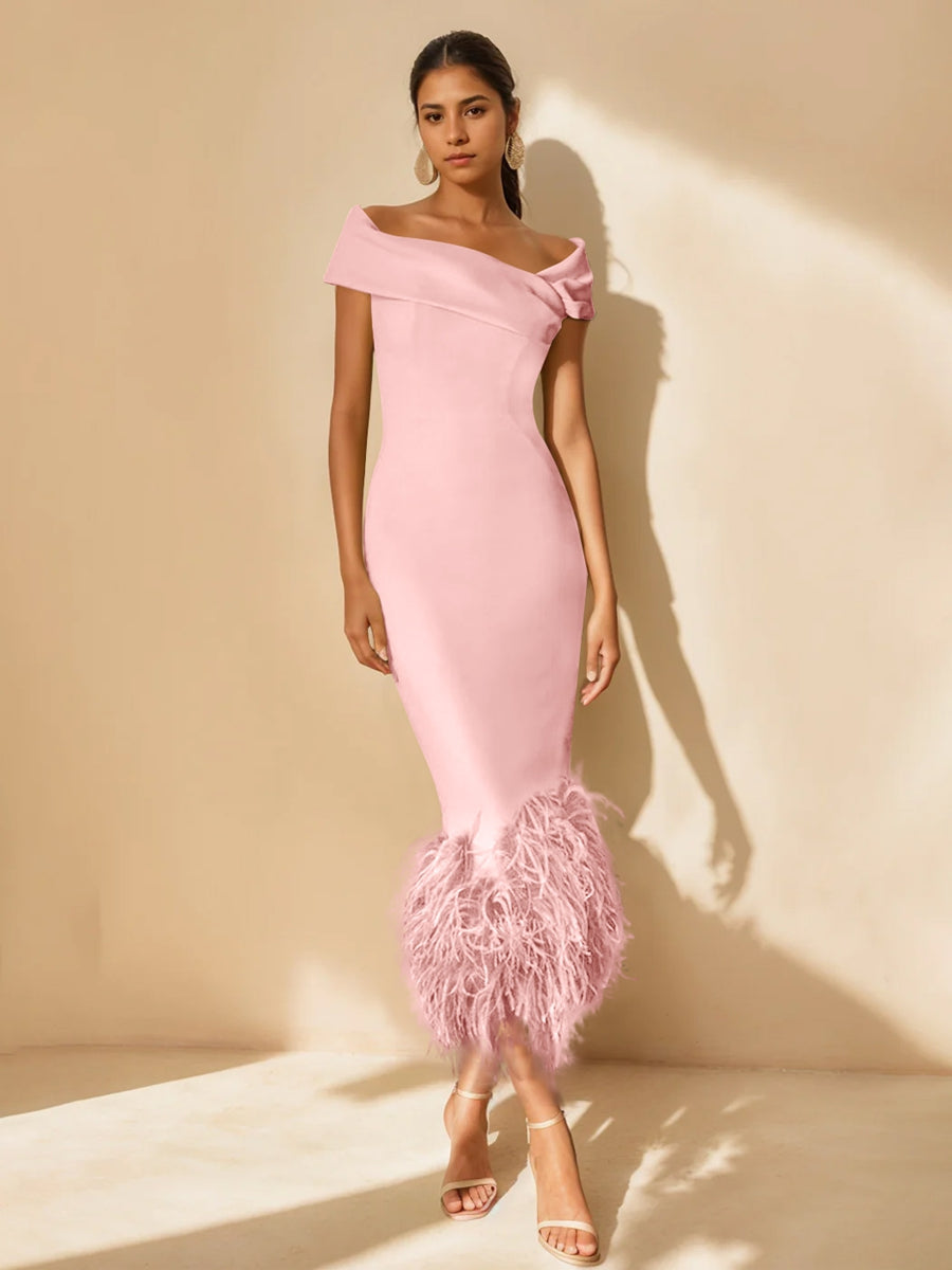 Unique Off-the-Shoulder Tea-Length Mother of the Bride Dresses with Feathers and Short Sleeves