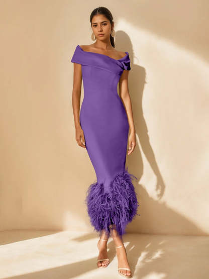Unique Off-the-Shoulder Tea-Length Mother of the Bride Dresses with Feathers and Short Sleeves
