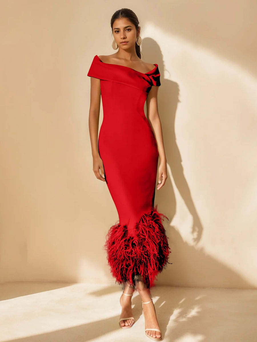 Unique Off-the-Shoulder Tea-Length Mother of the Bride Dresses with Feathers and Short Sleeves