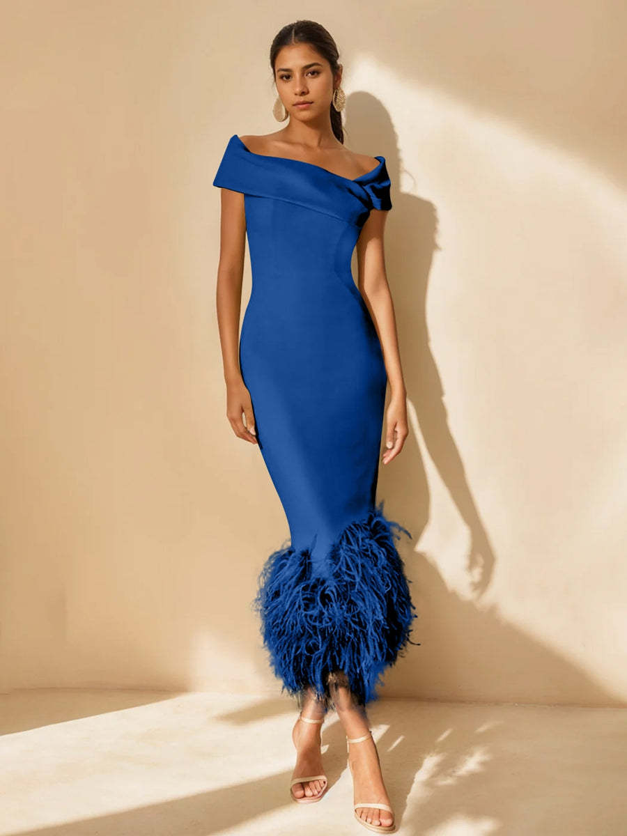 Unique Off-the-Shoulder Tea-Length Mother of the Bride Dresses with Feathers and Short Sleeves