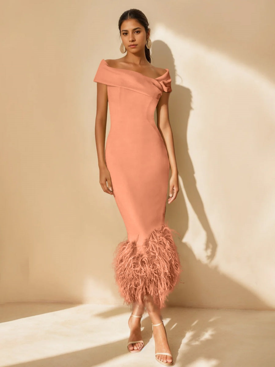 Unique Off-the-Shoulder Tea-Length Mother of the Bride Dresses with Feathers and Short Sleeves