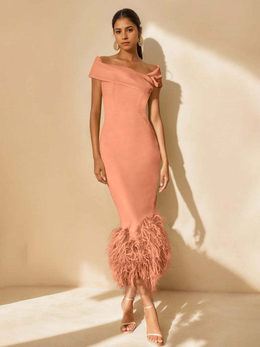 Unique Off-the-Shoulder Tea-Length Mother of the Bride Dresses with Feathers and Short Sleeves