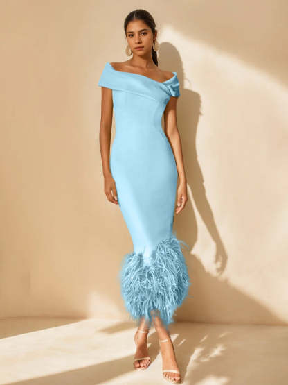 Unique Off-the-Shoulder Tea-Length Mother of the Bride Dresses with Feathers and Short Sleeves