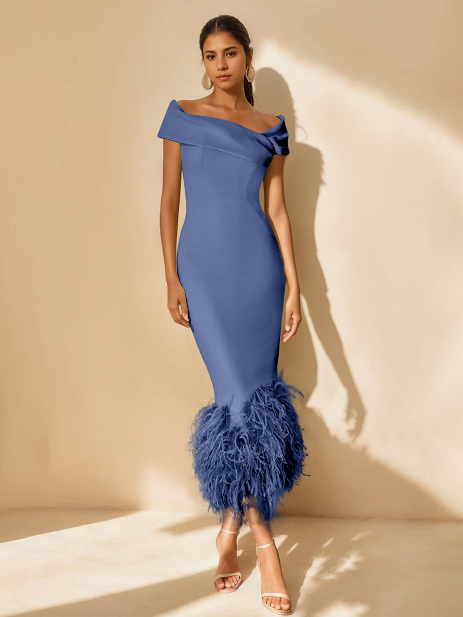 Unique Off-the-Shoulder Tea-Length Mother of the Bride Dresses with Feathers and Short Sleeves