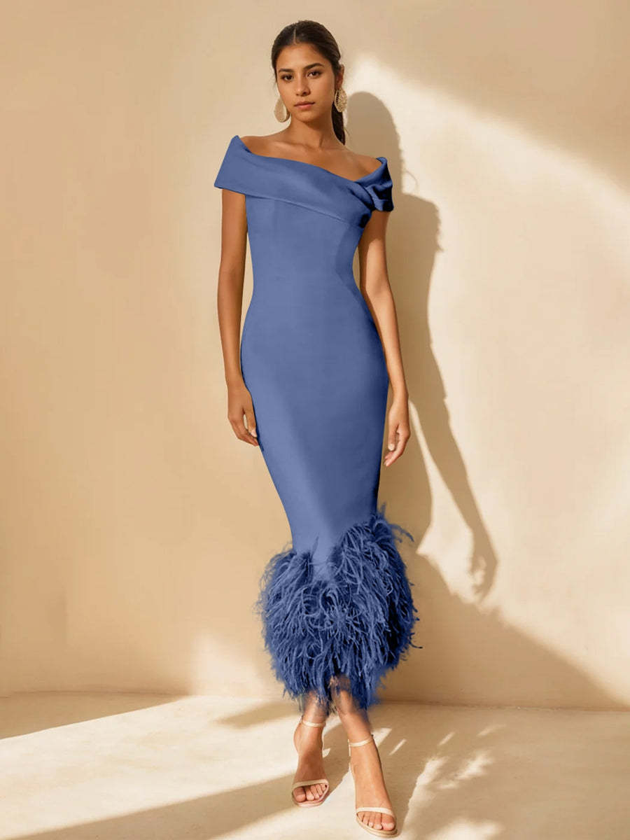 Unique Off-the-Shoulder Tea-Length Mother of the Bride Dresses with Feathers and Short Sleeves