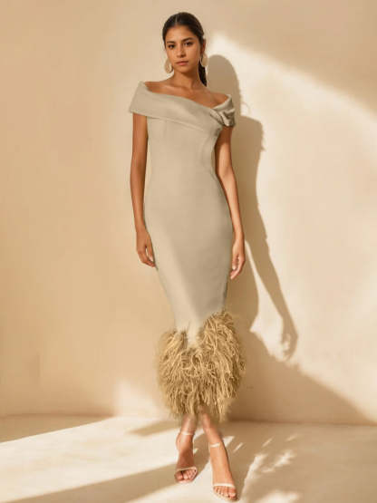 Unique Off-the-Shoulder Tea-Length Mother of the Bride Dresses with Feathers and Short Sleeves