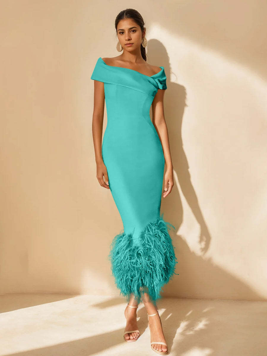 Unique Off-the-Shoulder Tea-Length Mother of the Bride Dresses with Feathers and Short Sleeves