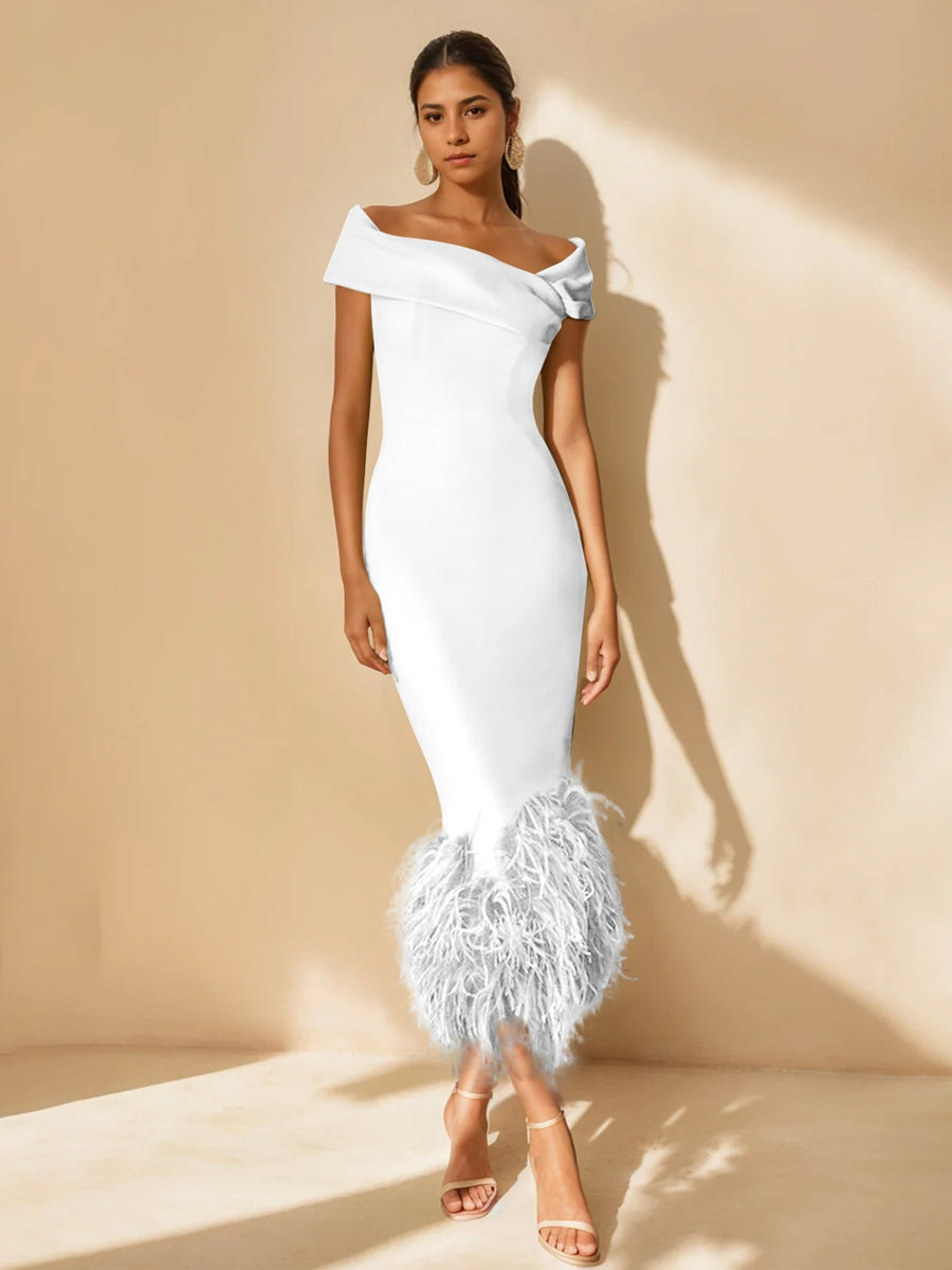 Unique Off-the-Shoulder Tea-Length Mother of the Bride Dresses with Feathers and Short Sleeves