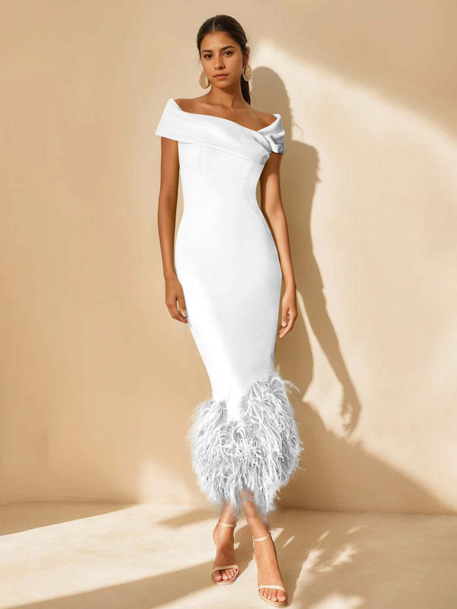 Unique Off-the-Shoulder Tea-Length Mother of the Bride Dresses with Feathers and Short Sleeves