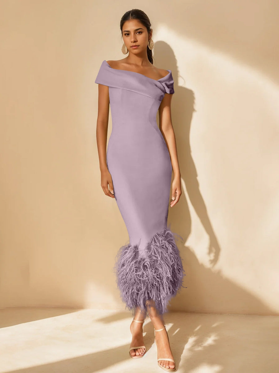 Unique Off-the-Shoulder Tea-Length Mother of the Bride Dresses with Feathers and Short Sleeves