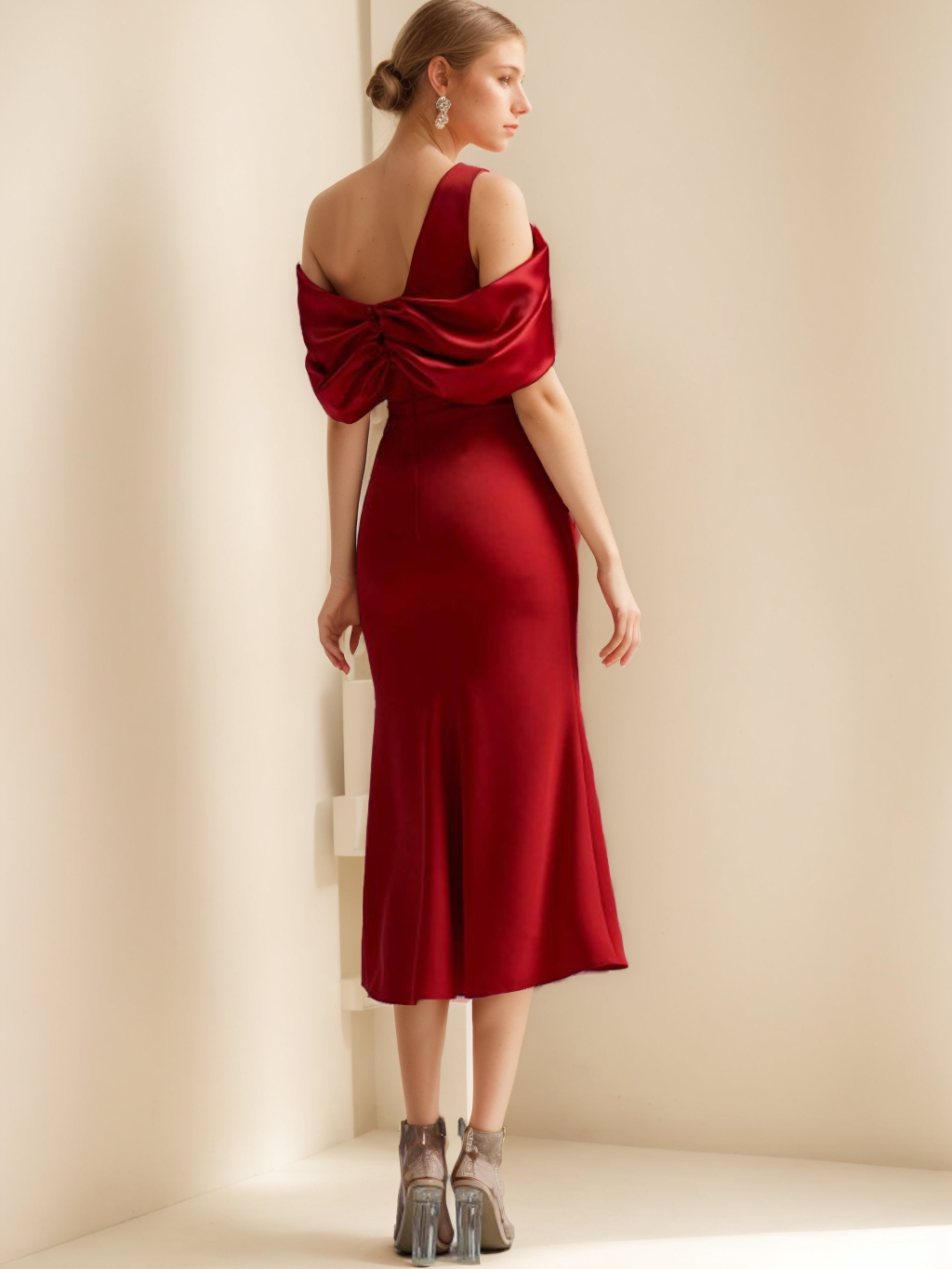 Off-the-Shoulder Short Sleeve Tea-Length Mother of the Bride Sheath Dress