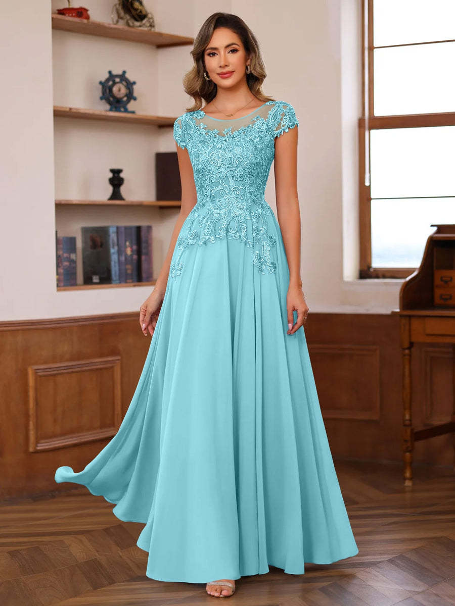 Floor-Length A-Line Mother of the Bride Dress with Scoop Neck and Short Sleeves Featuring Appliques