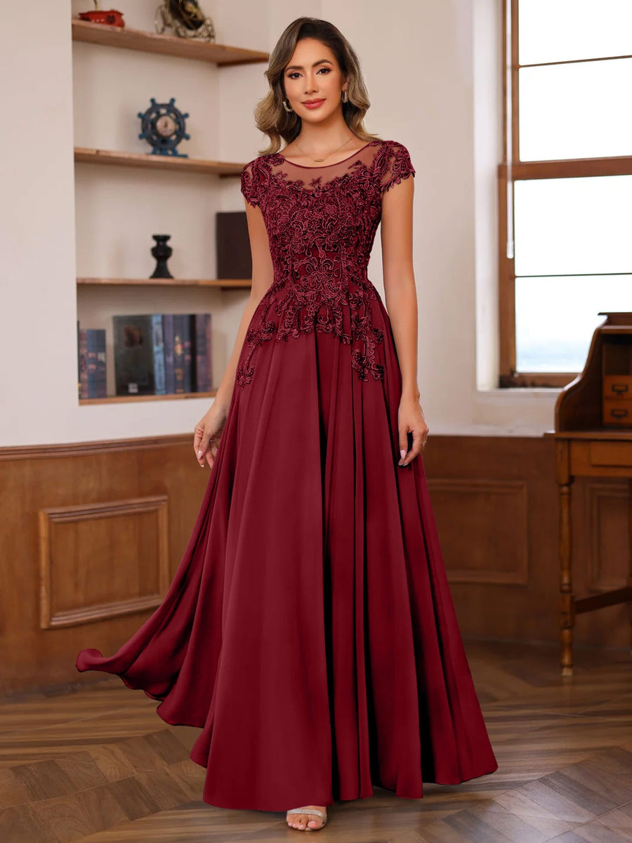 Floor-Length A-Line Mother of the Bride Dress with Scoop Neck and Short Sleeves Featuring Appliques