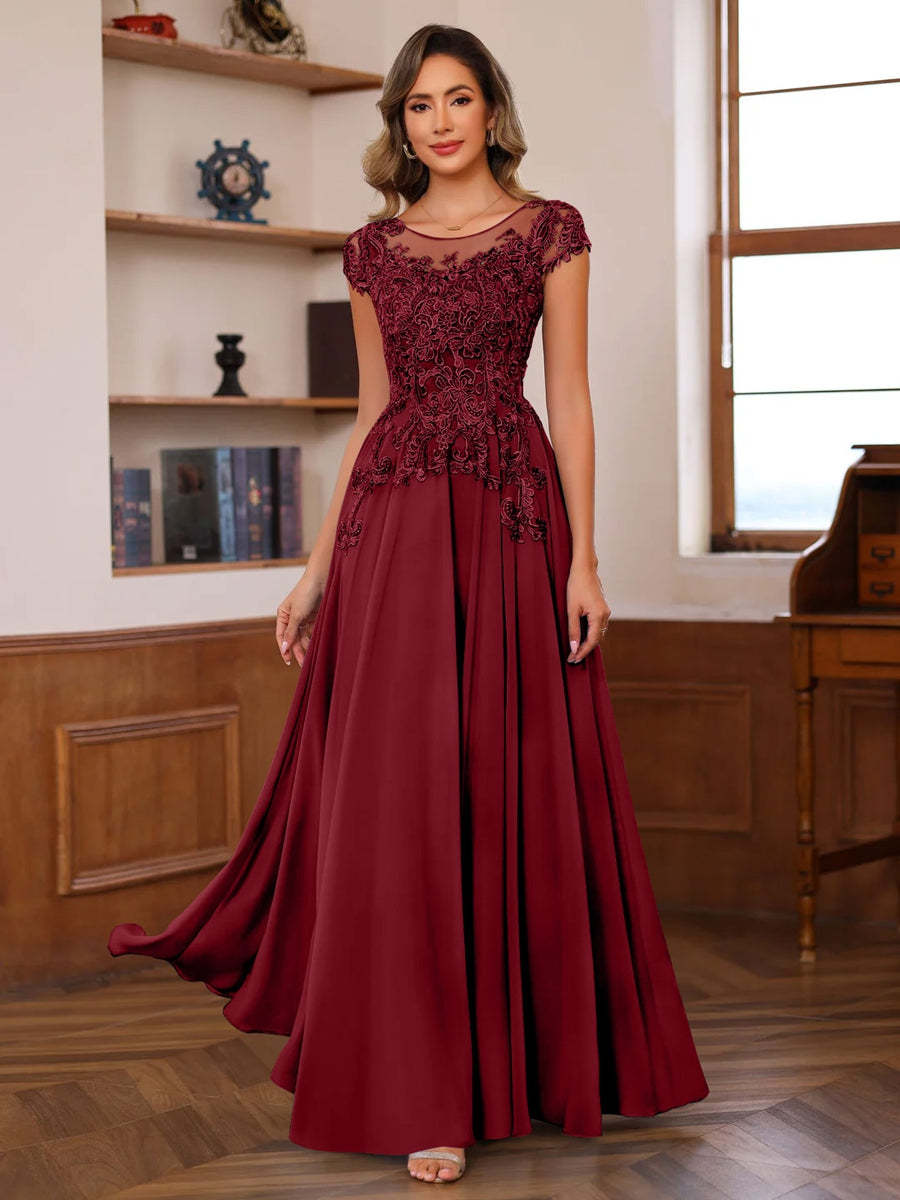Floor-Length A-Line Mother of the Bride Dress with Scoop Neck and Short Sleeves Featuring Appliques