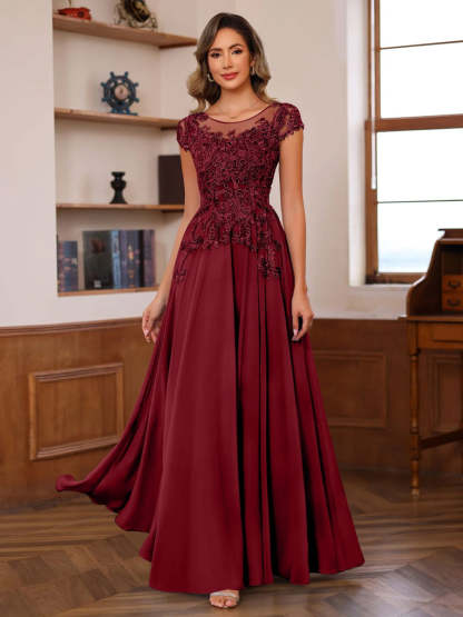 Floor-Length A-Line Mother of the Bride Dress with Scoop Neck and Short Sleeves Featuring Appliques