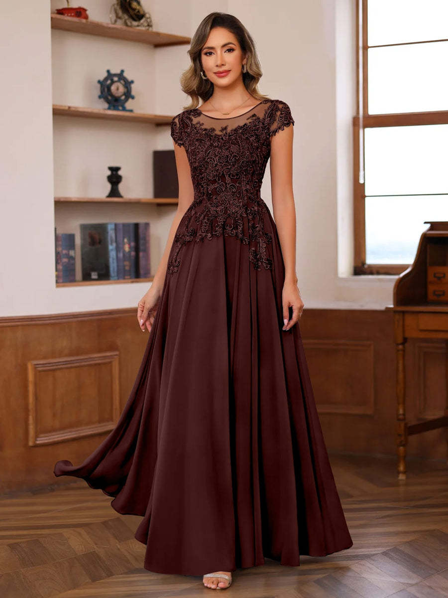Floor-Length A-Line Mother of the Bride Dress with Scoop Neck and Short Sleeves Featuring Appliques