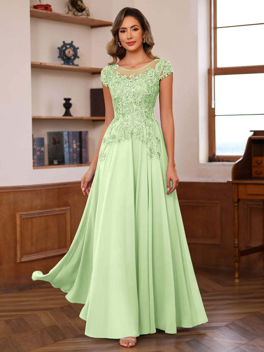 Floor-Length A-Line Mother of the Bride Dress with Scoop Neck and Short Sleeves Featuring Appliques
