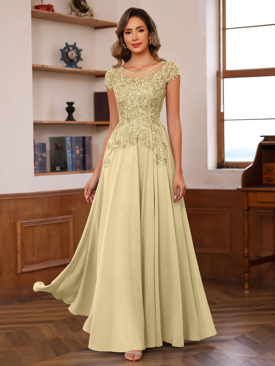 Floor-Length A-Line Mother of the Bride Dress with Scoop Neck and Short Sleeves Featuring Appliques