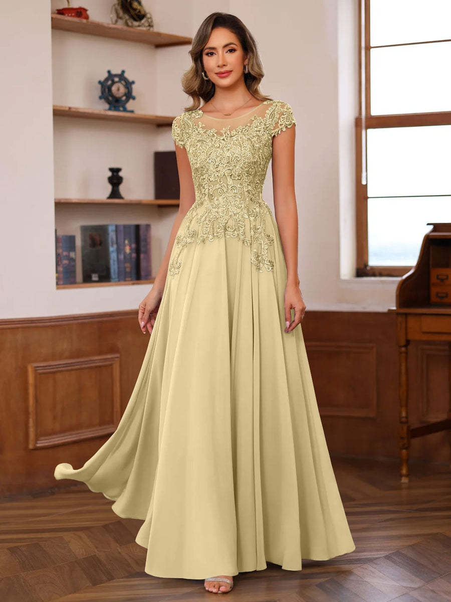 Floor-Length A-Line Mother of the Bride Dress with Scoop Neck and Short Sleeves Featuring Appliques