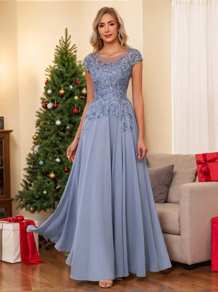 Floor-Length A-Line Mother of the Bride Dress with Scoop Neck and Short Sleeves Featuring Appliques