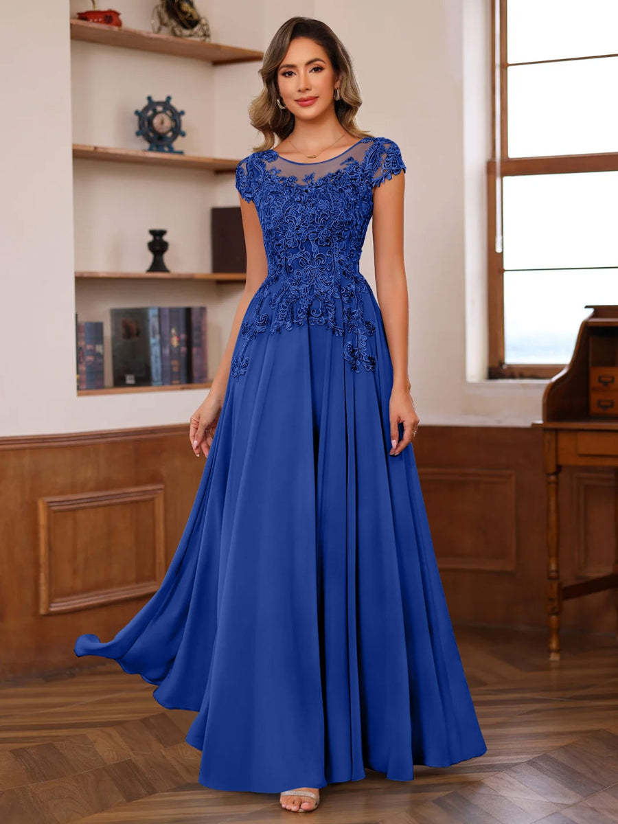 Floor-Length A-Line Mother of the Bride Dress with Scoop Neck and Short Sleeves Featuring Appliques