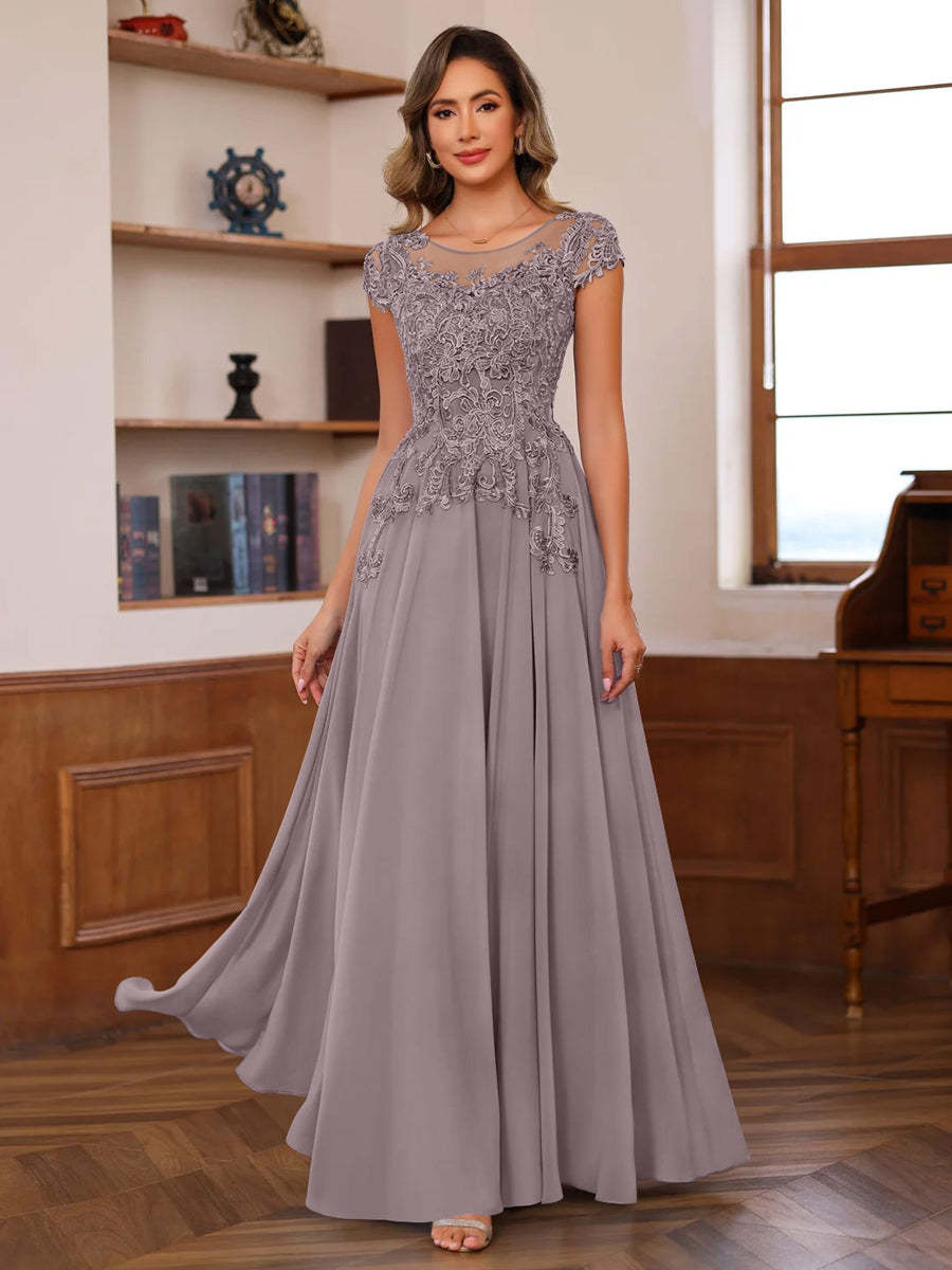 Floor-Length A-Line Mother of the Bride Dress with Scoop Neck and Short Sleeves Featuring Appliques
