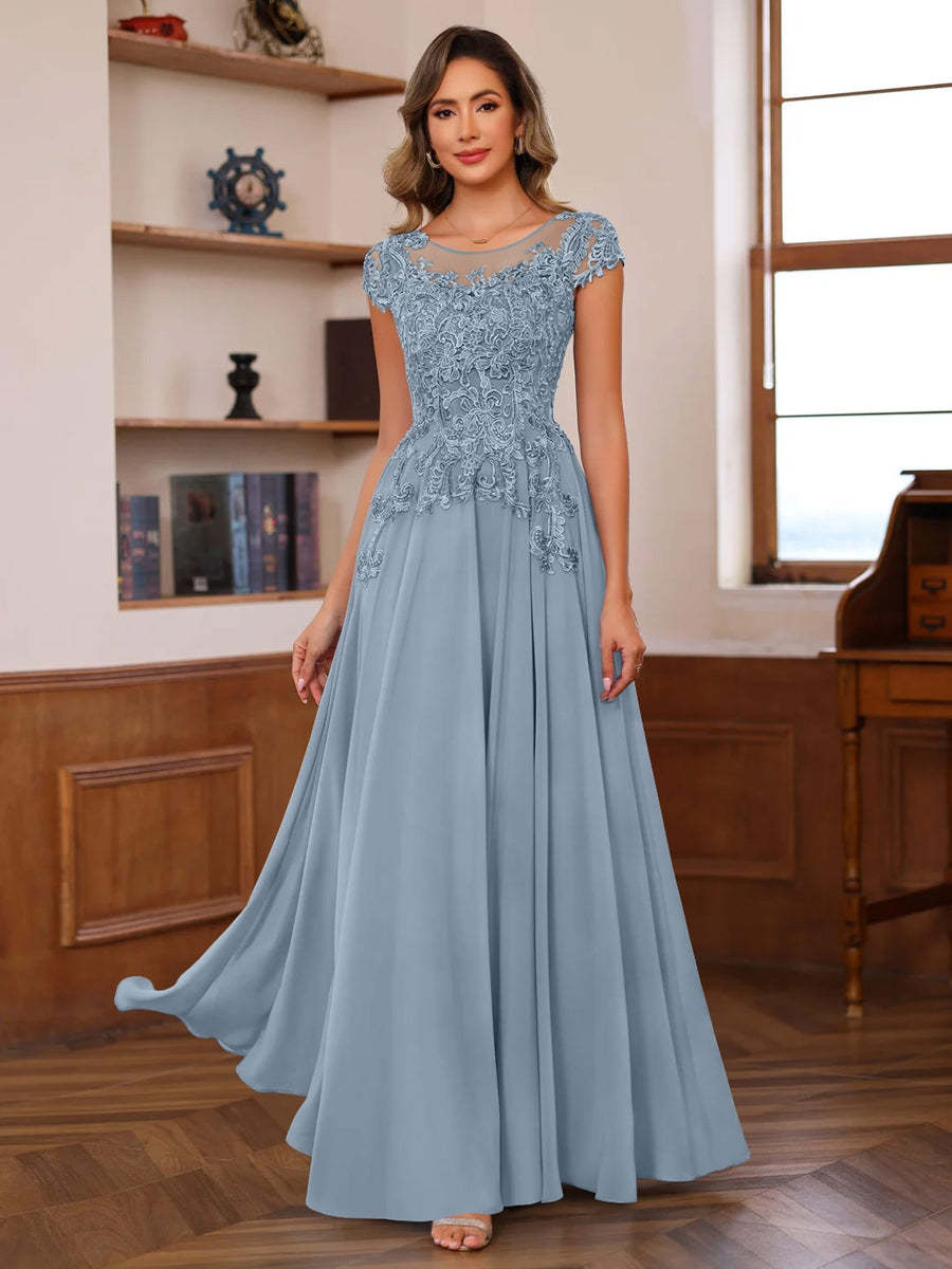 Floor-Length A-Line Mother of the Bride Dress with Scoop Neck and Short Sleeves Featuring Appliques