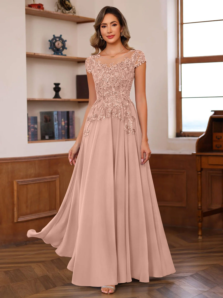 Floor-Length A-Line Mother of the Bride Dress with Scoop Neck and Short Sleeves Featuring Appliques