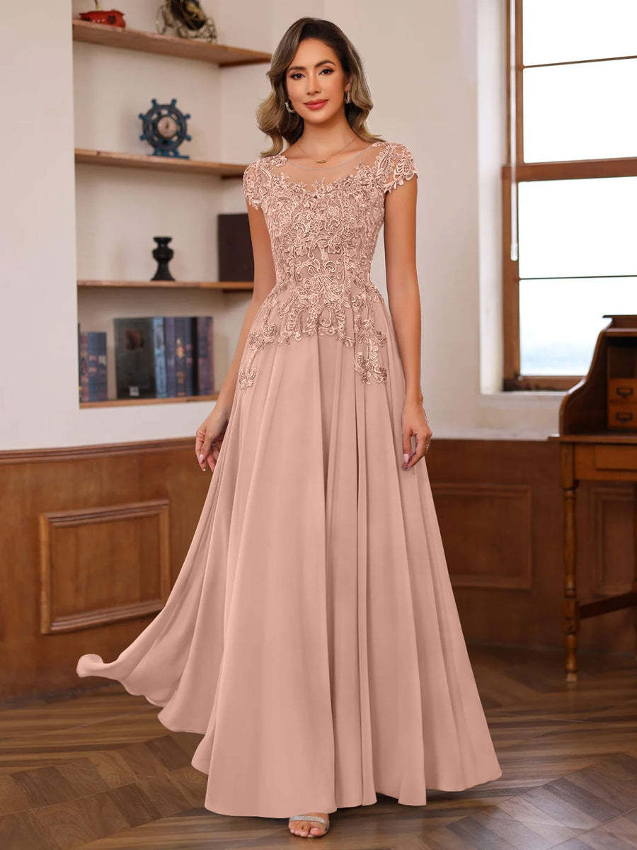 Floor-Length A-Line Mother of the Bride Dress with Scoop Neck and Short Sleeves Featuring Appliques