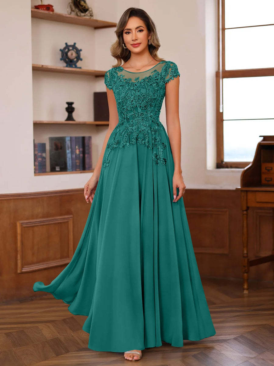 Floor-Length A-Line Mother of the Bride Dress with Scoop Neck and Short Sleeves Featuring Appliques