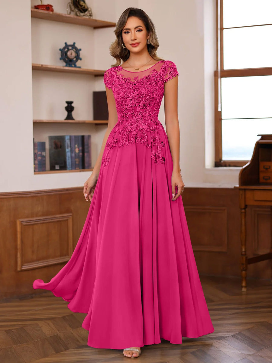Floor-Length A-Line Mother of the Bride Dress with Scoop Neck and Short Sleeves Featuring Appliques