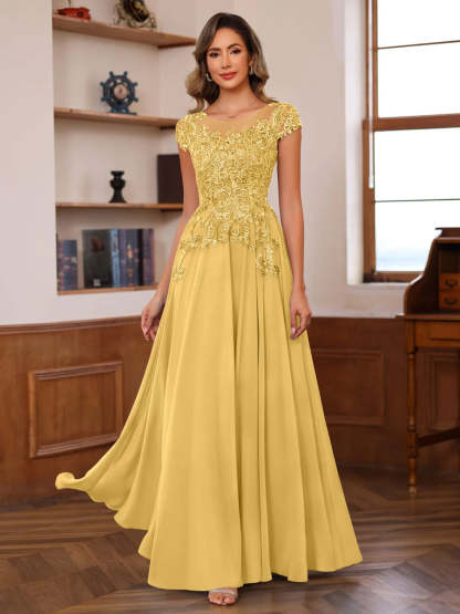 Floor-Length A-Line Mother of the Bride Dress with Scoop Neck and Short Sleeves Featuring Appliques
