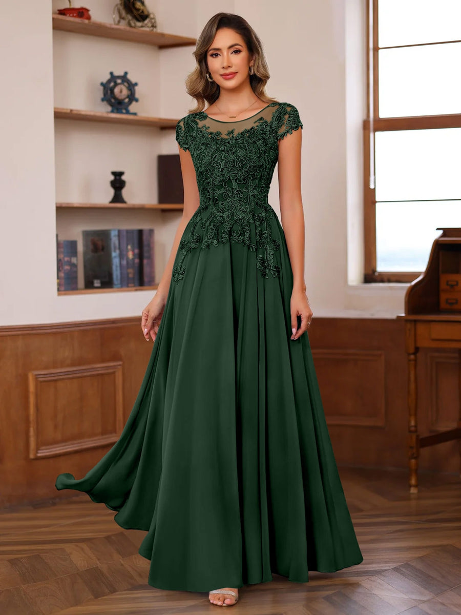 Floor-Length A-Line Mother of the Bride Dress with Scoop Neck and Short Sleeves Featuring Appliques