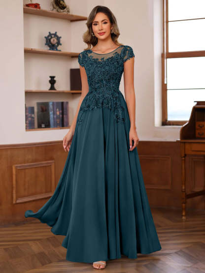 Floor-Length A-Line Mother of the Bride Dress with Scoop Neck and Short Sleeves Featuring Appliques