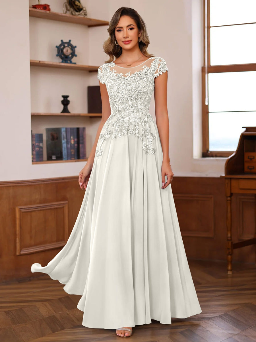 Floor-Length A-Line Mother of the Bride Dress with Scoop Neck and Short Sleeves Featuring Appliques