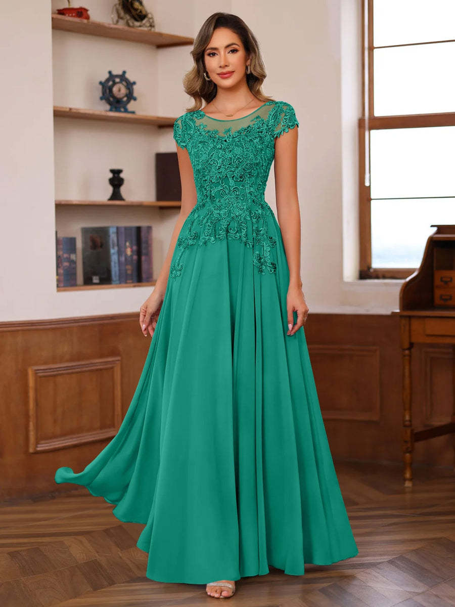 Floor-Length A-Line Mother of the Bride Dress with Scoop Neck and Short Sleeves Featuring Appliques