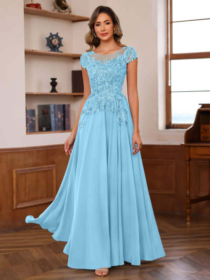 Floor-Length A-Line Mother of the Bride Dress with Scoop Neck and Short Sleeves Featuring Appliques