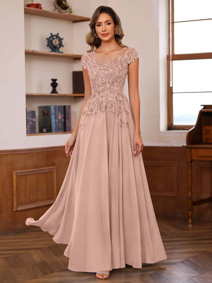 Floor-Length A-Line Mother of the Bride Dress with Scoop Neck and Short Sleeves Featuring Appliques