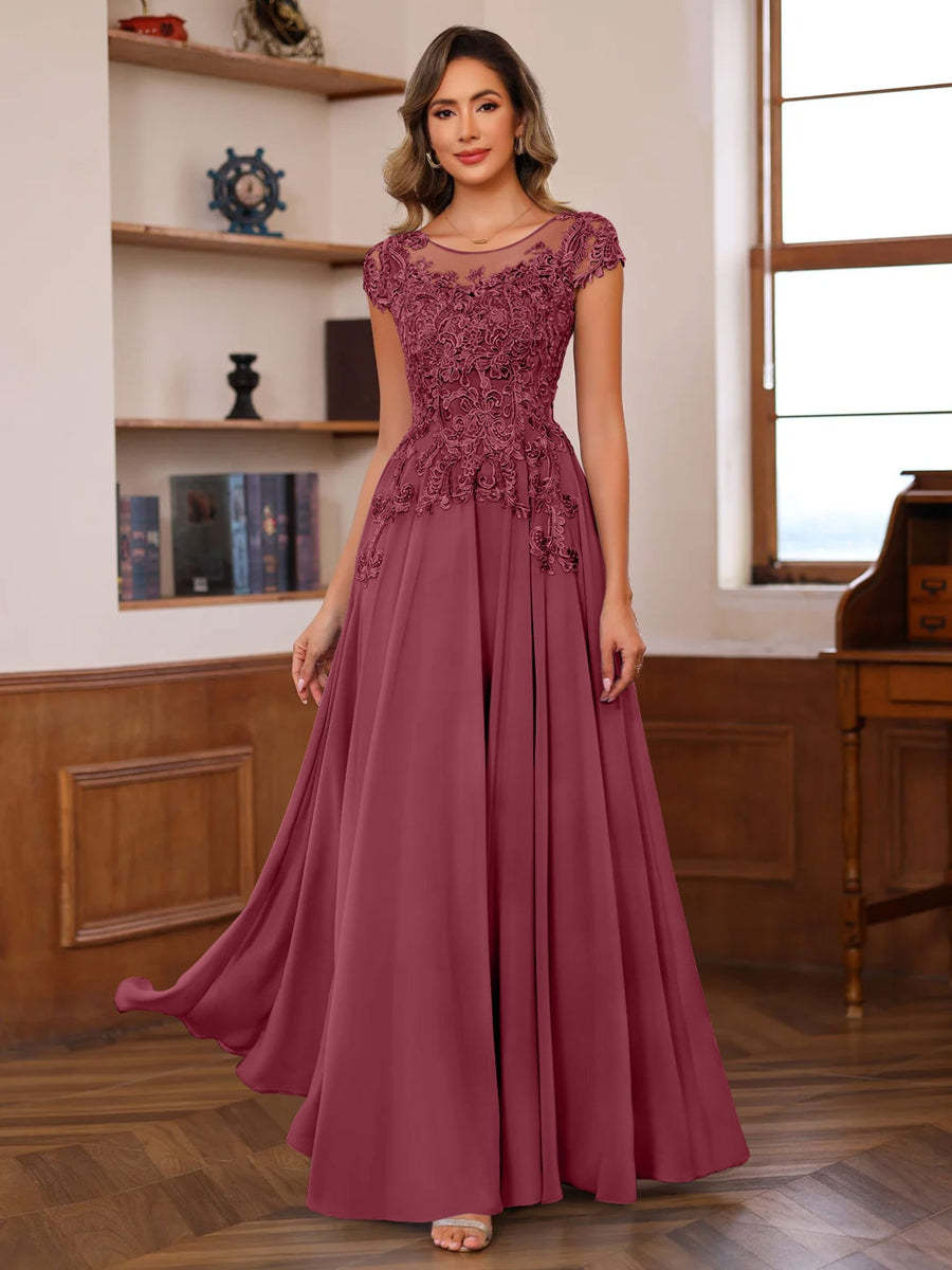Floor-Length A-Line Mother of the Bride Dress with Scoop Neck and Short Sleeves Featuring Appliques
