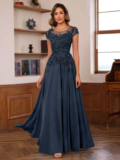 Floor-Length A-Line Mother of the Bride Dress with Scoop Neck and Short Sleeves Featuring Appliques