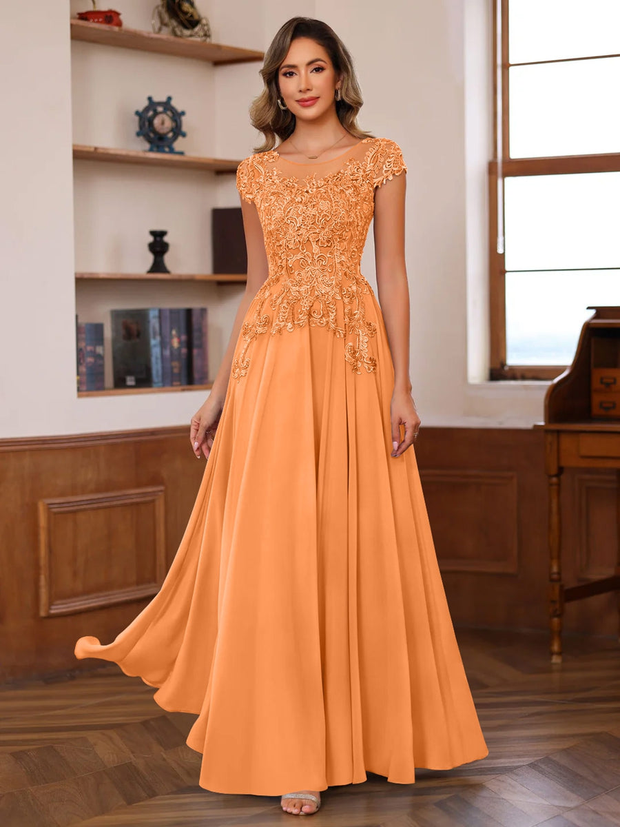 Floor-Length A-Line Mother of the Bride Dress with Scoop Neck and Short Sleeves Featuring Appliques