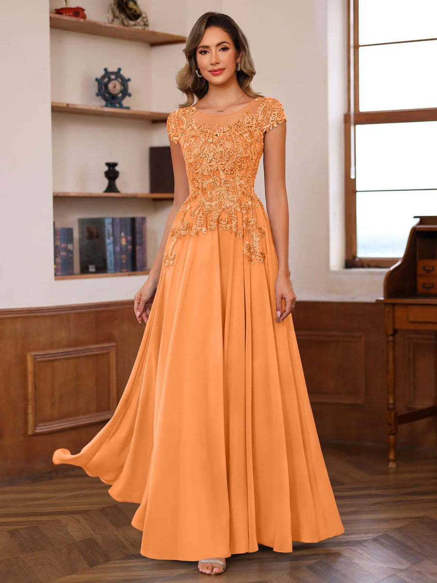 Floor-Length A-Line Mother of the Bride Dress with Scoop Neck and Short Sleeves Featuring Appliques
